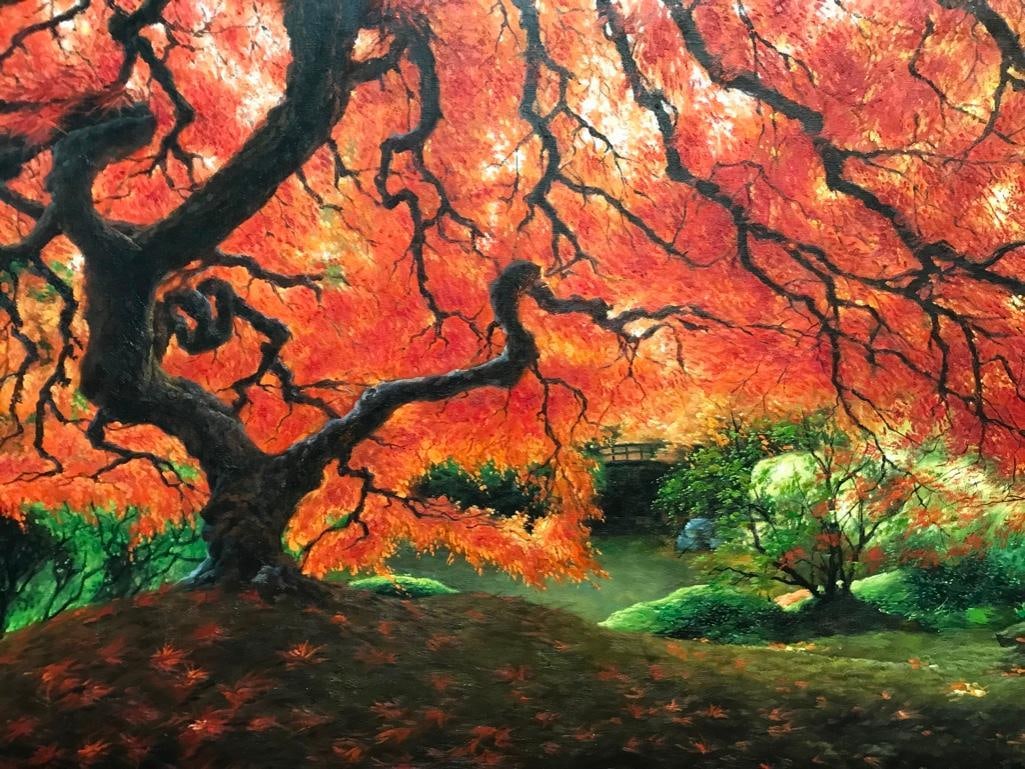 20thc Oil Painting, Japanese Maple Landscape: 20th Century oil on canvas painting of a Japanese Maple Tree landscape. 24" X 36".