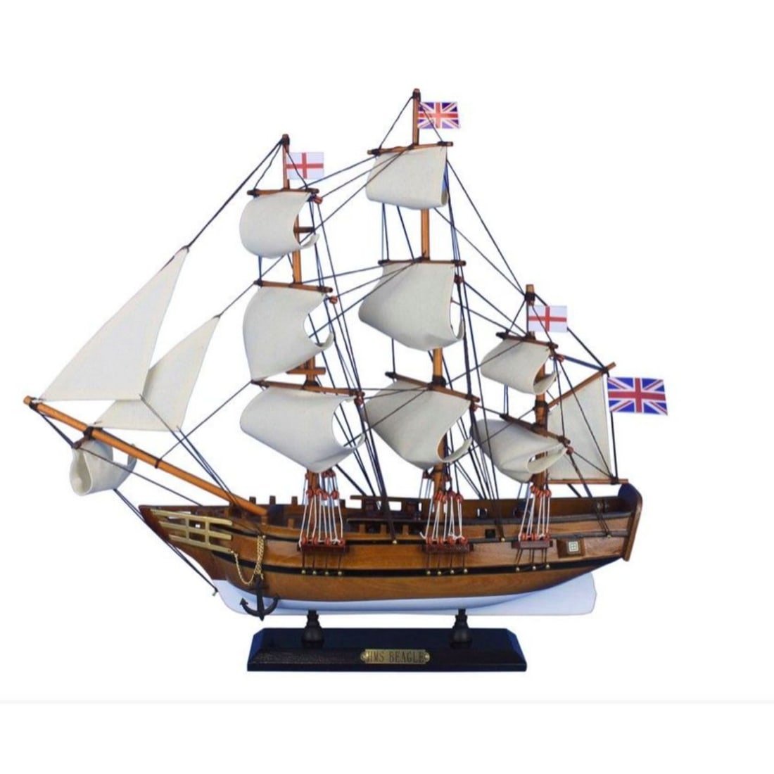 Wooden Model Ship, HMS Beagle: Handcrafted wooden tall model ship, inspired by the HMS Beagle, famed exploration ship that carried naturalist Charles Darwin to the Galapagos Islands. Fully assembled with mounted sails, wooden hull