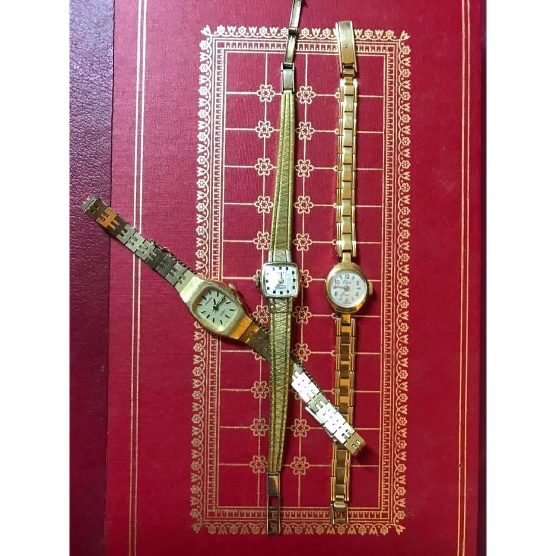 Hobbyist Group of Ladies Wristwatches: Hobbyist group of vintage ladies gold tone bracelet wristwatches, all needing batteries or repair. Include: - Elco Foreign 17 Jewels Fond Acier - Rotary Swiss Made Incabloc - Pulsar Stainless Steel Qu