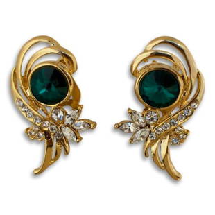 Austrian Crystal Pewter Earrings: Green Austrian crystals & clear crystals set into gilt over pewter post earrings. 1 3/4" H X 1" W. Comes with gift box.