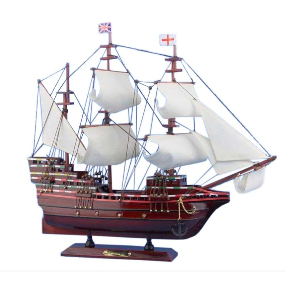 Wooden Mayflower Model Ship: Wooden Mayflower model ship. Fully assembled model, with all sails mounted, not a model kit. Handcrafted wooden hull and masts, with 8 hand sewn cloth sails. Metal nameplate attached to wooden base. 2