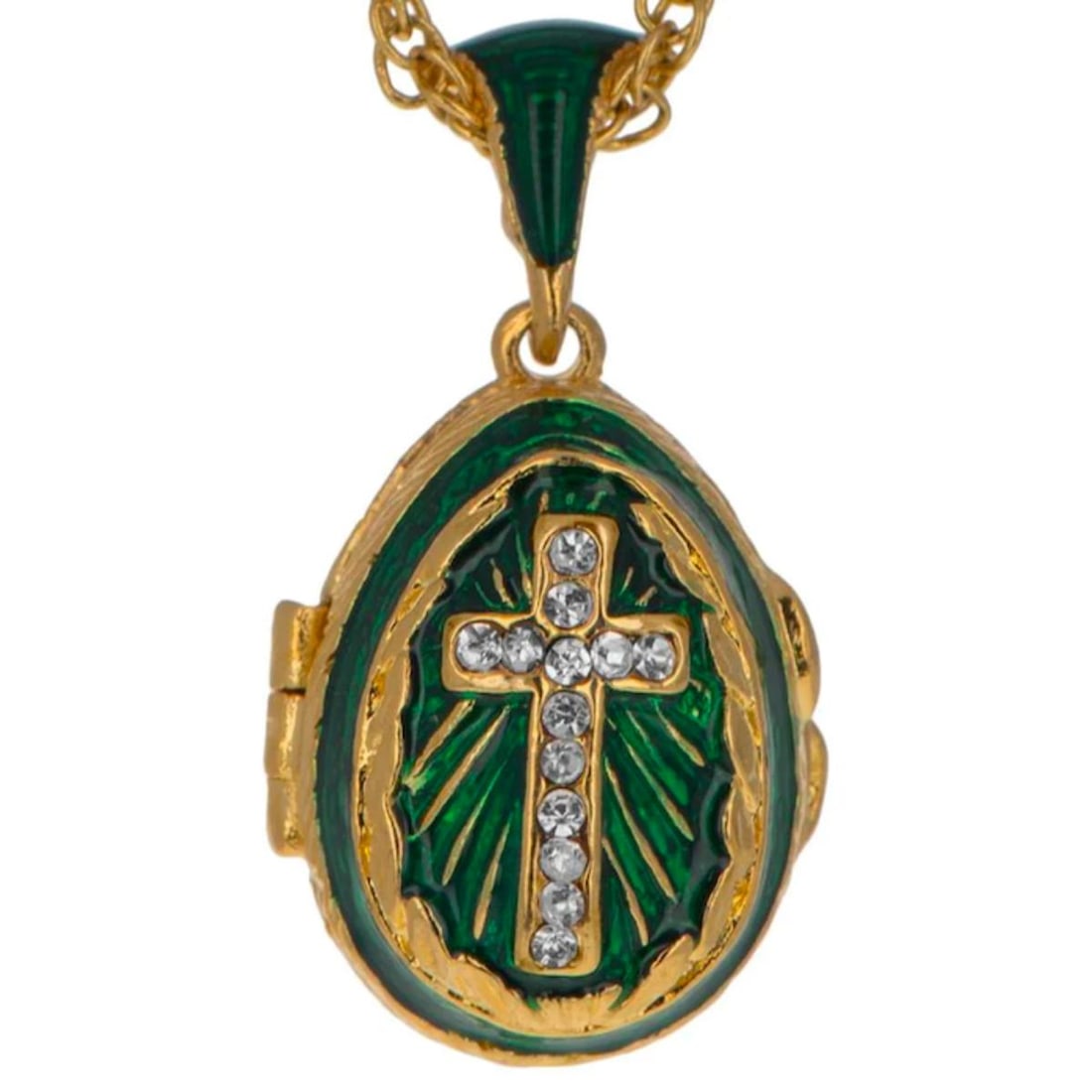 Russian Sacred Heart Egg Pendant Necklace: Russian Sacred Heart treasure locket pendant necklace. Enamel & gilt over pewter, with embedded Austrian crystals & a tiny gilt latch that opens to reveal an enameled interior with a tiny enameled, da