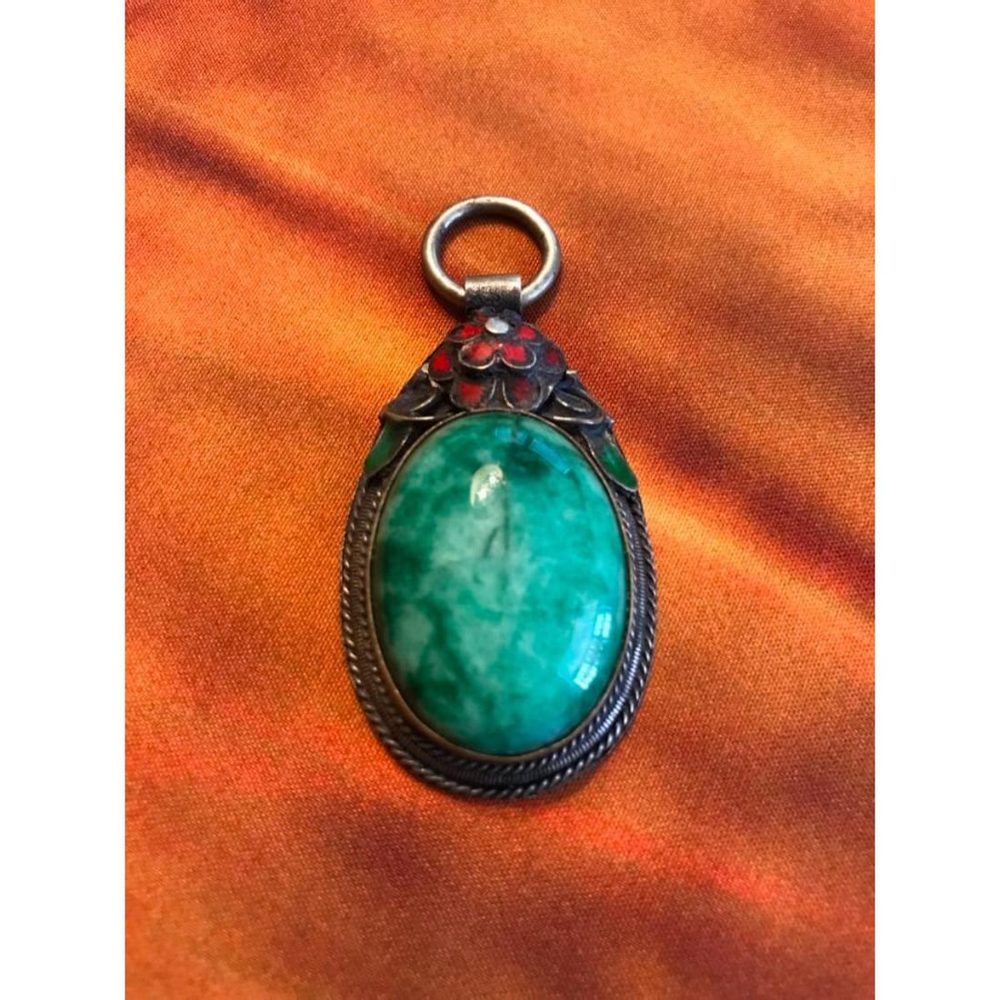 Old Tibetan Silver Mosaic Jade Pendant (1 of 4)