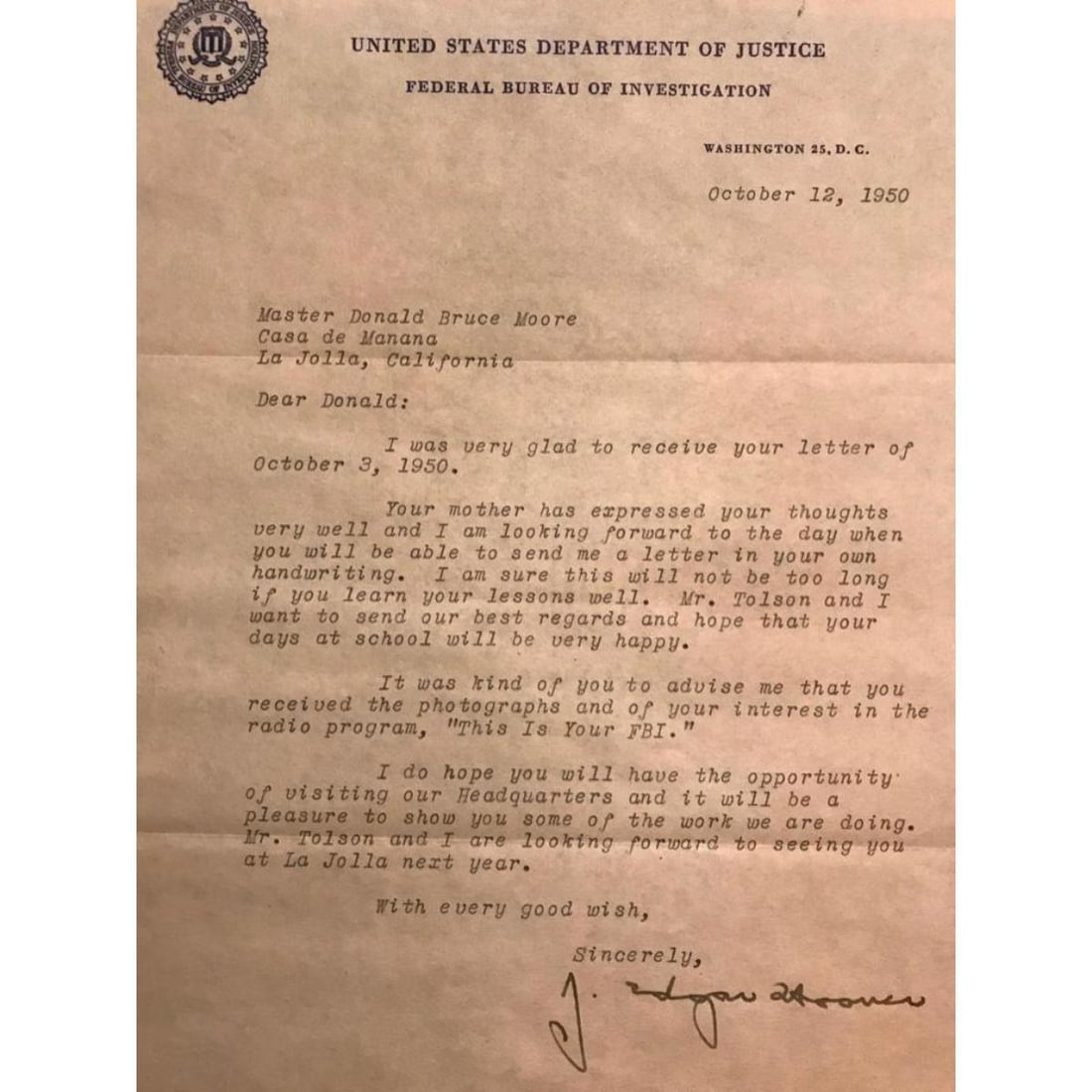 Rare 1950 FBI J. Edgar Hoover Signed Letter (1 of 2)