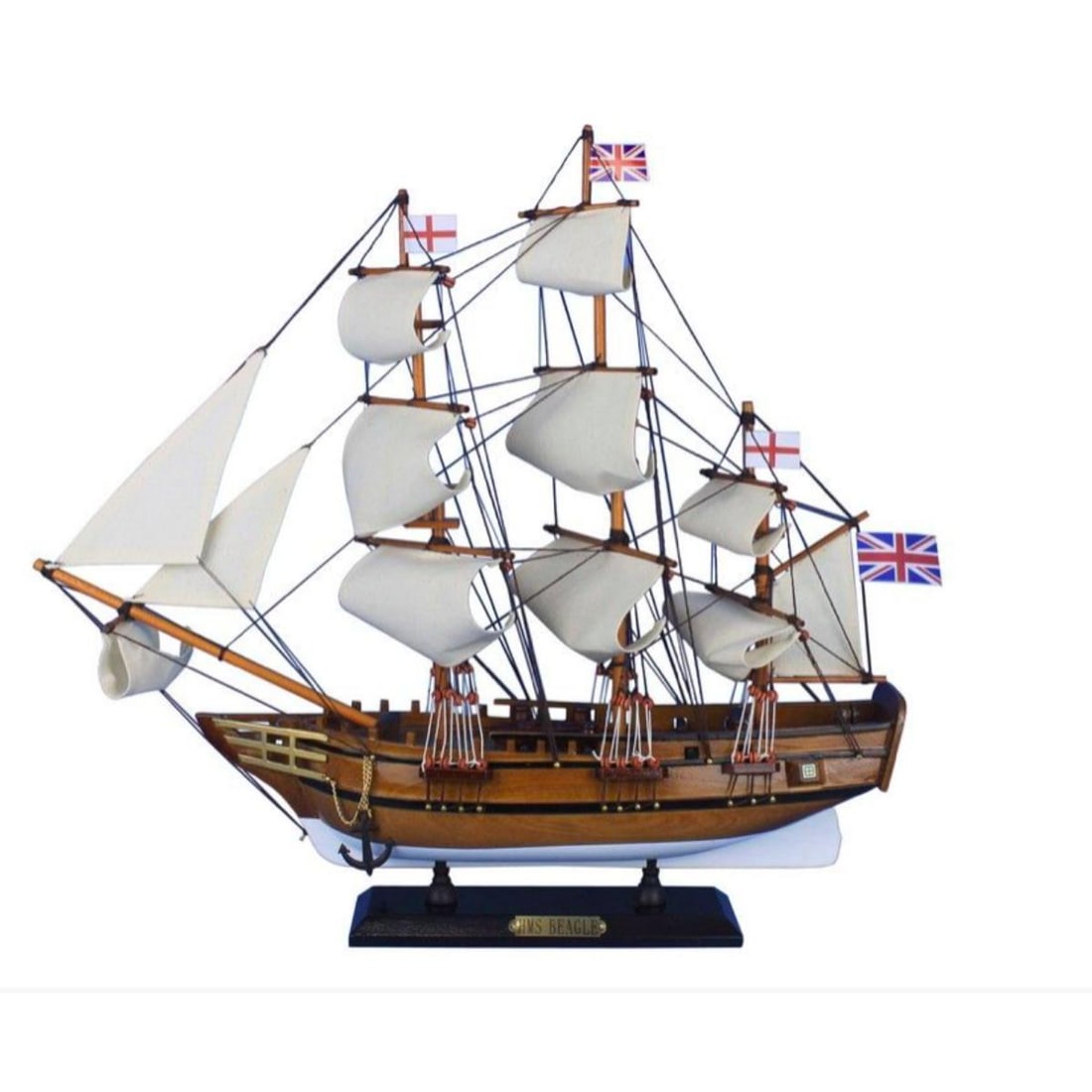 Wooden Model Ship, HMS Beagle: Handcrafted wooden tall model ship, inspired by the HMS Beagle, famed exploration ship that carried naturalist Charles Darwin to the Galapagos Islands. Fully assembled with mounted sails, wooden hull