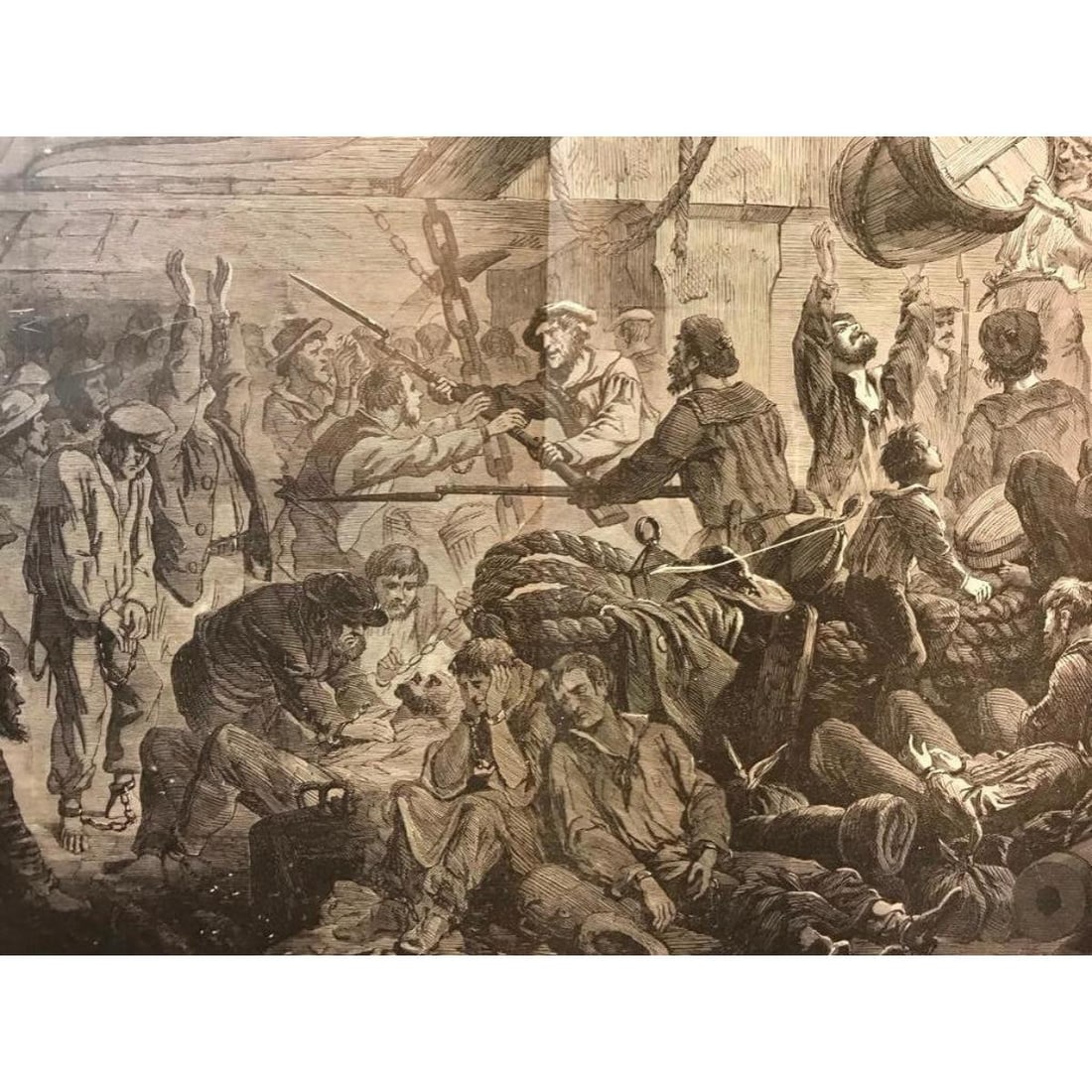 19thc Civil War Engraving, Confederate Ship CSS Alabama: 19th Century Civil War engraving, a double page from an edition of The Soldier In Our Civil War. Hold Of The Confederate Privateer "Alabama". Captain Semmes, In Which Were Confined The Officers And Cr