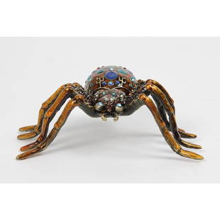 Jeweled Spider Trinket Box: Little jeweled spider trinket, jewel box. Enamel & gilt over pewter with embedded Austrian crystals. The top of the little spider lifts off, with magnetic closure, to reveal an enameled interior for s