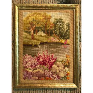 Antique Framed Tapestry, Woodlands Scene: Antique framed section of a tapestry, a woodland, water bank scene. 9 1/2" X 12 1/2" in period gilt wood frame.