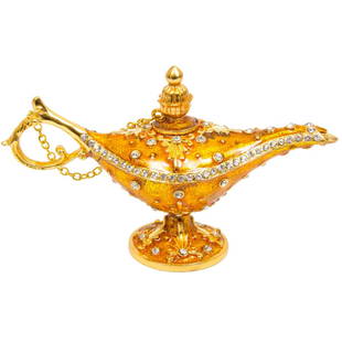 Golden Genie Jeweled Lamp Trinket Box: Golden Genie Lamp, decorative trinket, jewel box. Enamel & gilt over pewter with embedded Austrian crystals. The top lifts off to reveal an open chamber for storing trinkets or jewels. 5 1/2