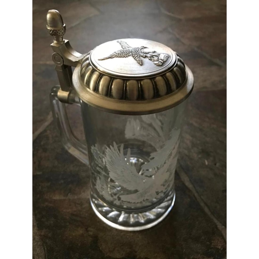 German Etched Glass, Pewter Eagle Stein (1 of 5)
