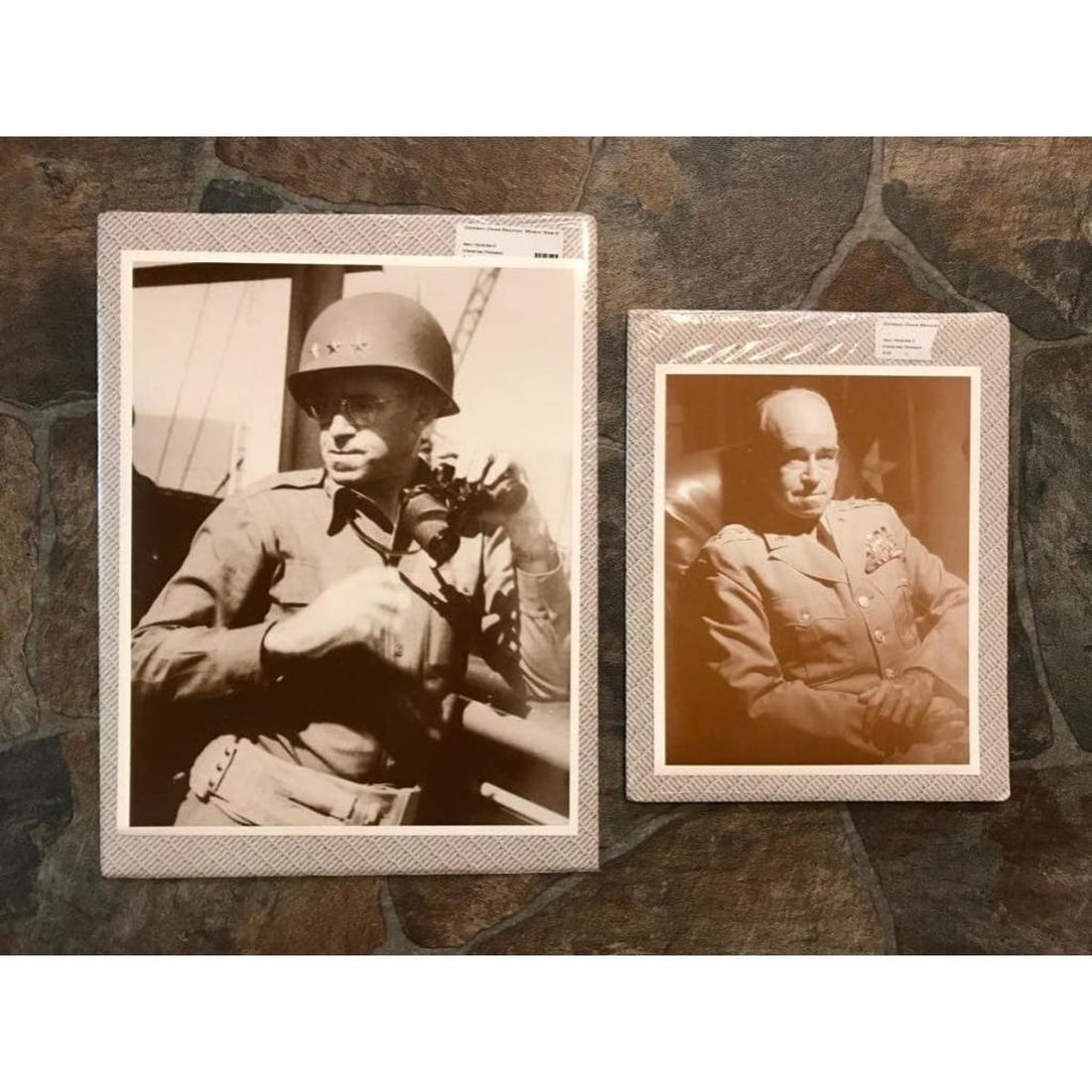 World War II, General Omar Bradley Photo Prints: Pair of sepia tone photo prints of World War II General Omar Bradley. Created in the early 1990s for The American Heritage Galleries. Printed on heavy card stock, in original gallery packaging. 11" X 