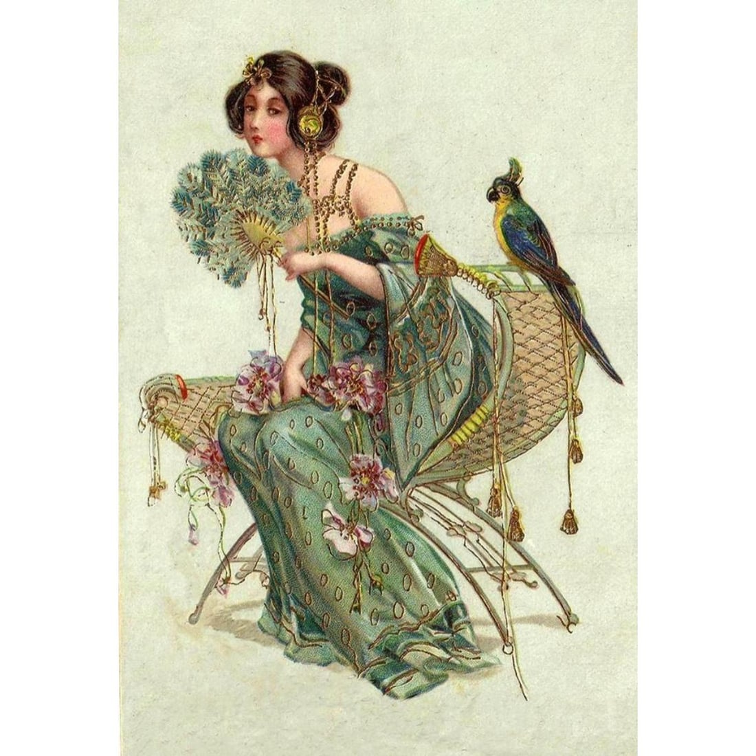 Woman In Green Gown Color Lithograph Print (1 of 1)
