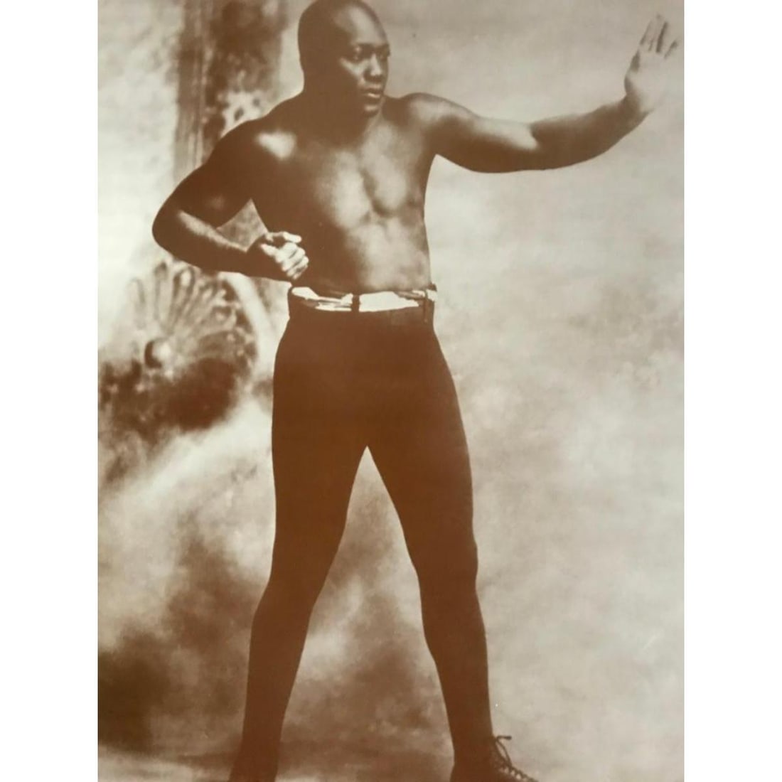 African American Sports History, Boxing, Jack Johnson: African American sports history subject, Jack Johnson in classic boxing stance sepia-tone photo print for the gym or sports bar. Printed on heavy card stock in the early 1990s for The American Heritag