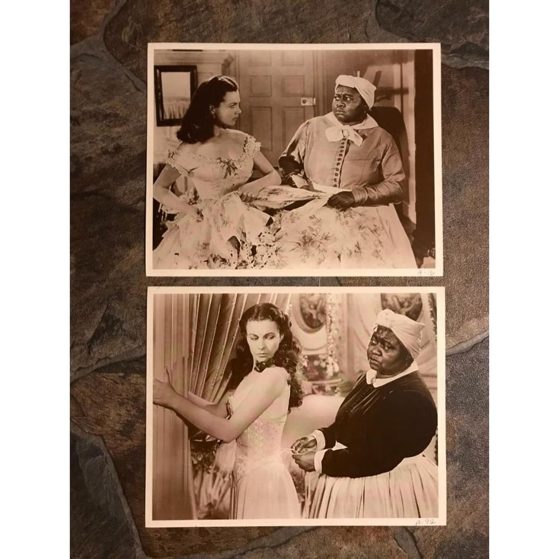 Pair of Gone With The Wind Photo Prints, Scarlett, Mammy: Pair of Gone With The Wind movie stills, photo prints, of Scarlett with Mammy. 8" X 10" each. Created in the early 1990's for The American Heritage Galleries. Printed on cardstock.
