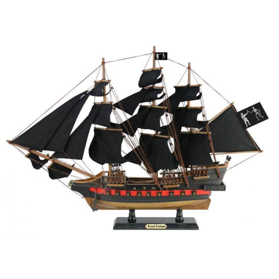 Royal Fortune Black Sails Model Ship: Wooden Black Bart's Royal Fortune Black Sails. Comes fully assembled, mounted on a wooden stand with name plate, flags & cloth sails. 26" L x 5" W x 18" H.