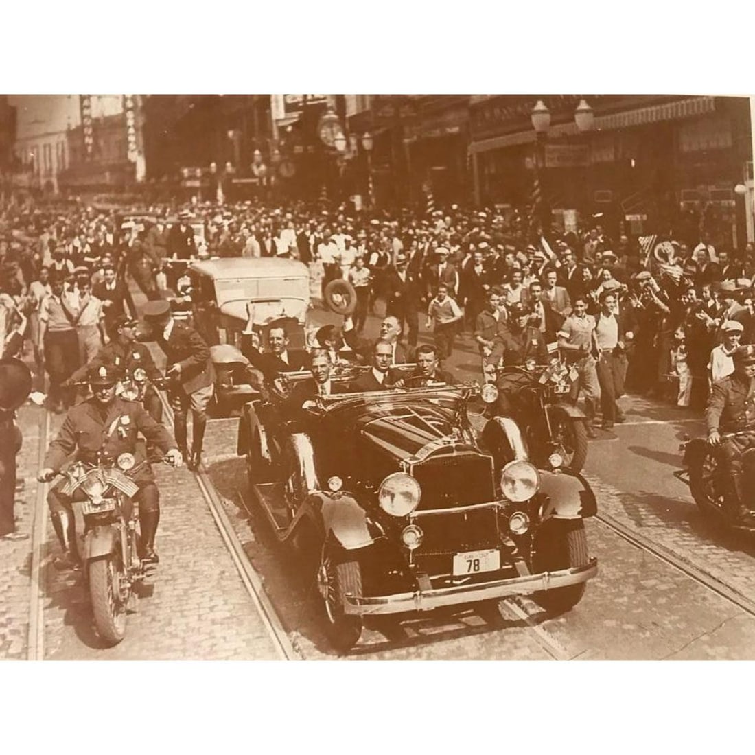 Roosevelt Campaign, Atlanta, Georgia Photo Print: Franklin Delano Roosevelt in Atlanta Georgia, 1932 Presidential Campaign Trip, sepia-tone photo print. Created in the early 1990's for The American Heritage Galleries, printed on heavy cardstock. 11" 