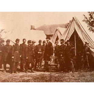 Civil War Battle of Antietam, Abraham Lincoln, General McClellan: Civil War scene, Battle of Antietam, Abraham Lincoln and George B. McClellan meet at headquarters, October 1862. Sepia-tone photo print, after an original photograph by Alexander Gardner. Created in