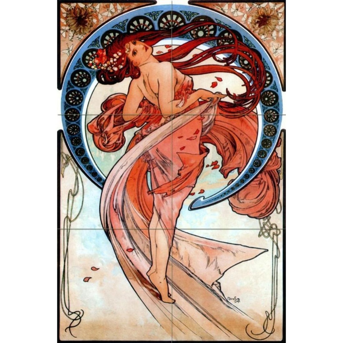 After Mucha, Ceramic Art Tile Mural: After Alphonse Mucha, ceramic art tile mural, consisting of 6 glossy tiles ( 6" X 6" ). 12" X 18" overall size. *** Art Tile Murals are custom made to order and usually arrive to us in about 2 weeks f