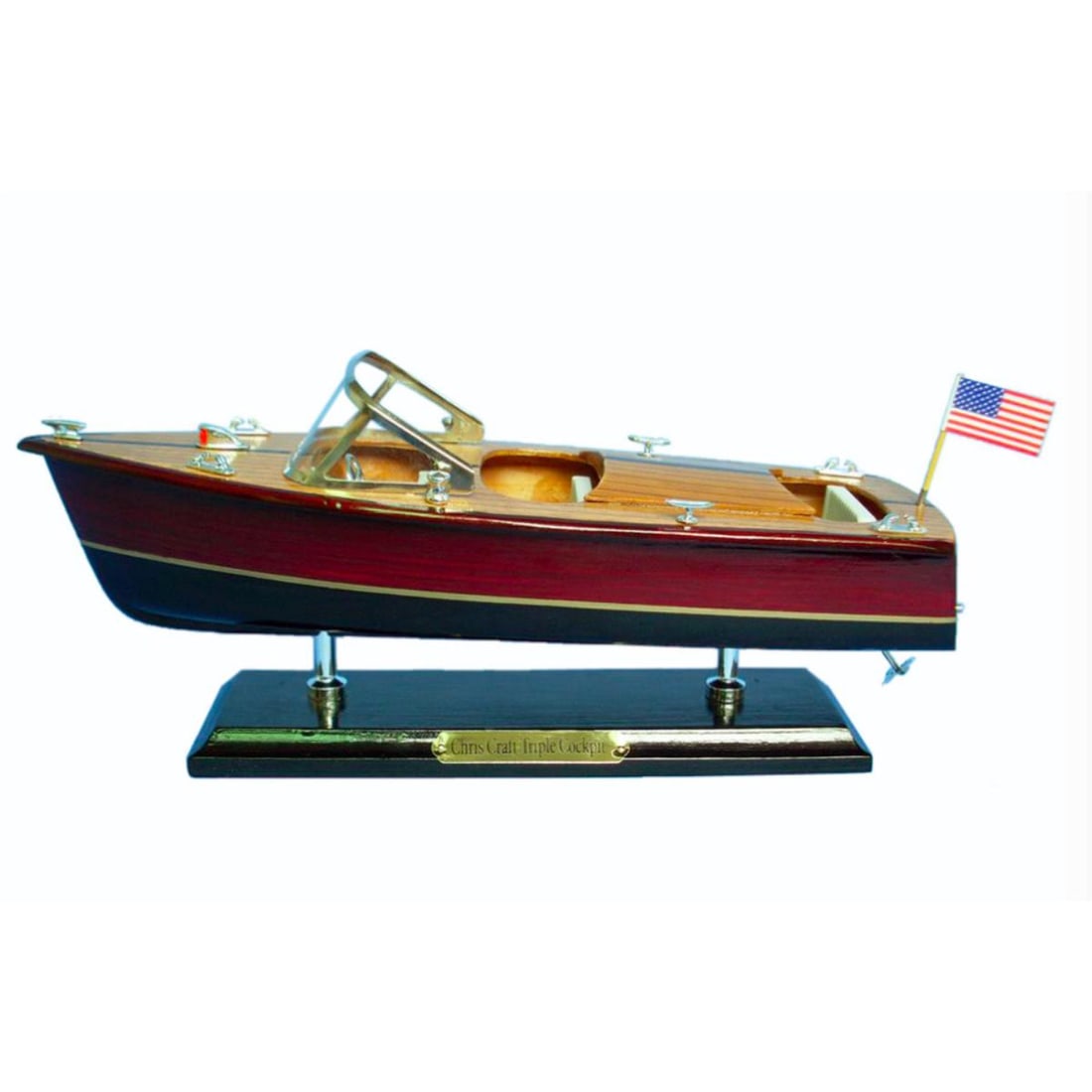 Chris Craft Wooden Model Speedboat: Chris Craft triple cockpit model speedboat. Accurate scale replica wooden model powerboat of a Chris-Craft Runabout with triple cockpit, individual decking planks, steering wheel, deck cleats, America