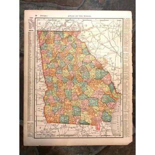 19thc Atlas Map, Georgia, South Carolina: 19th Century Rand, McNally & Co.'s New 11" X 14" Map of Georgia, copyright 1895 on one side, South Carolina map on the reverse. Pages 29 & 30 from an original atlas book.