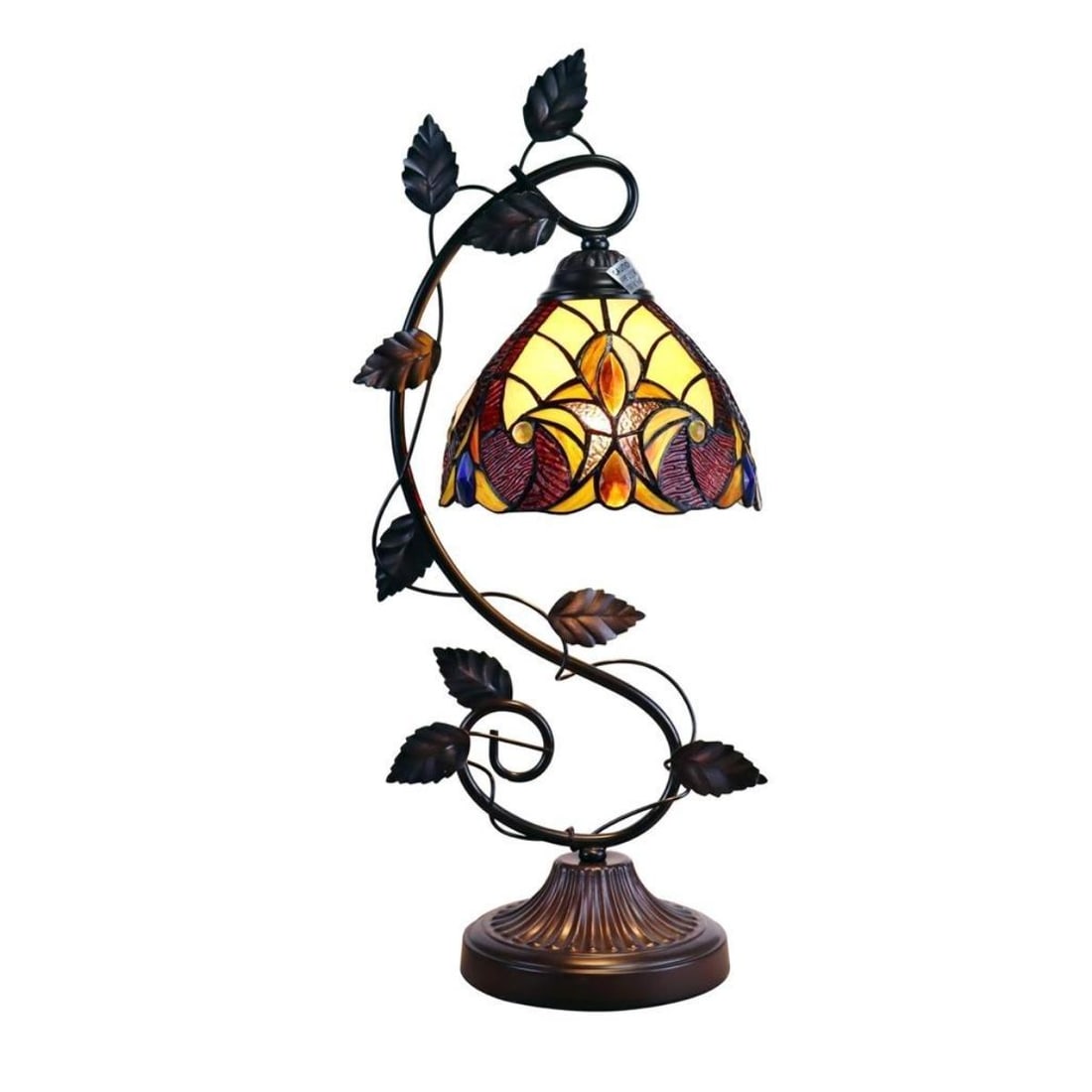 Stained Art Glass Leaf Vine Design Desk Lamp: Stained art glass, 1-light, metal work desk lamp. Created using 108 pieces of stained art glass, 9 glass beads & 6 crystals, wrapped in copper foil, with a dark bronze finish over leaf & vine design m