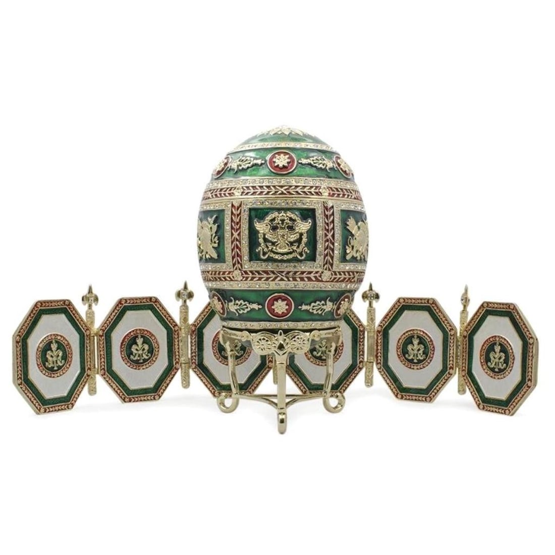 Russian Napoleonic Trinket Box Picture Frames Egg: After the original 1912 Napoleonic Egg, created for the Russian Royal Family by Carl Faberge. Handcrafted enamel & gilt over pewter & adorned with 480 Austrian crystals. The egg can be removed from it