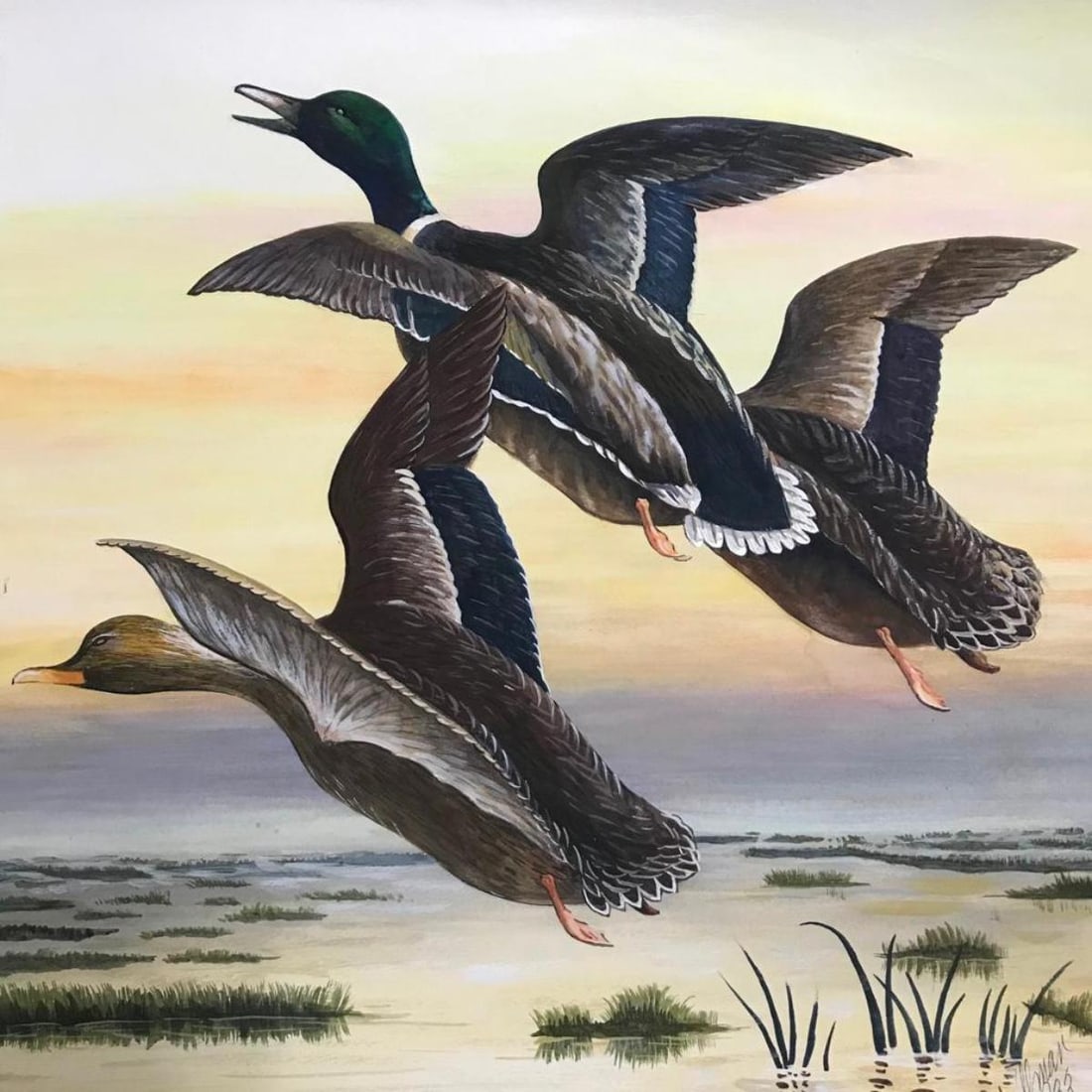1930's Signed Ducks In Flight Watercolor Painting (1 of 3)