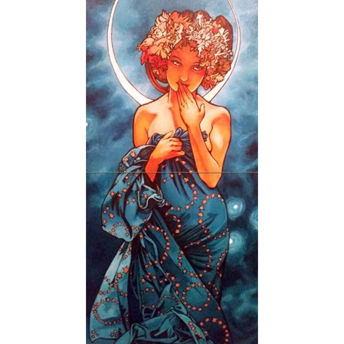 After Mucha, Ceramic Art Tile Mural: After Alphonse Mucha, 2-tile ceramic art tile mural, created using 6" glossy ceramic art tiles. 6" W X 12" H. *** Art Tile Murals are custom made to order and usually arrive to us in about 2 weeks fro