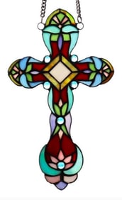 Victorian Style Stained Art Glass Hanging Cross