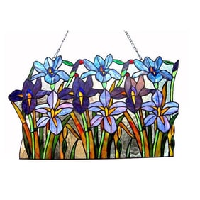 Tiffany Style Stained Art Glass Iris Hanging Panel
