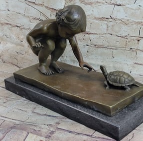 Little Girl Playing With Turtle Bronze Sculpture