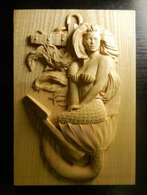 Carved Wood Mermaid On Anchor Plaque