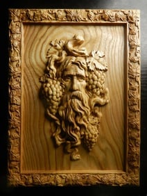Lithuanian Carved Wooden Wine Cellar Plaque, Dionysus,