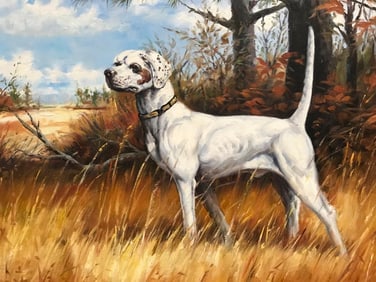20thc Hunting Dog Landsape Oil Painting