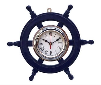 Nautical Wood Chrome Ship's Wheel Clock