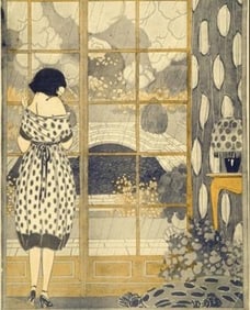 Art Deco Style Lady At Window Lithograph
