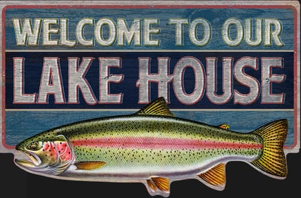 Welcome To Our Lakehouse Embossed Die Cut Metal Sign