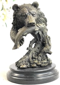 Signed Bear With Fish Bronze Sculpture