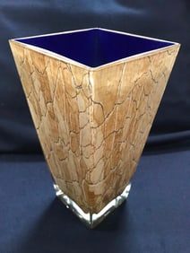 Art Glass Vase, Cobalt Blue & Tobacco Leaves Decoration