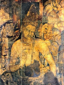 Buddhist Ajanta Caves Tumbled Marble Tile Mural