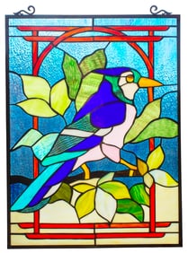 Bluejay Bird Stained Art Glass Hanging Window Panel