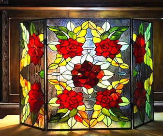 Stained Art Glass Roses Floral Fireplace Screen