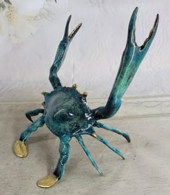 Bronze Signed Colorful Crab Sculpture