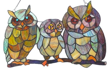 Owls Stained Art Glass Hanging Window Panel