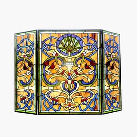 Nouveau Style Stained Art Glass Fireplace Scree
