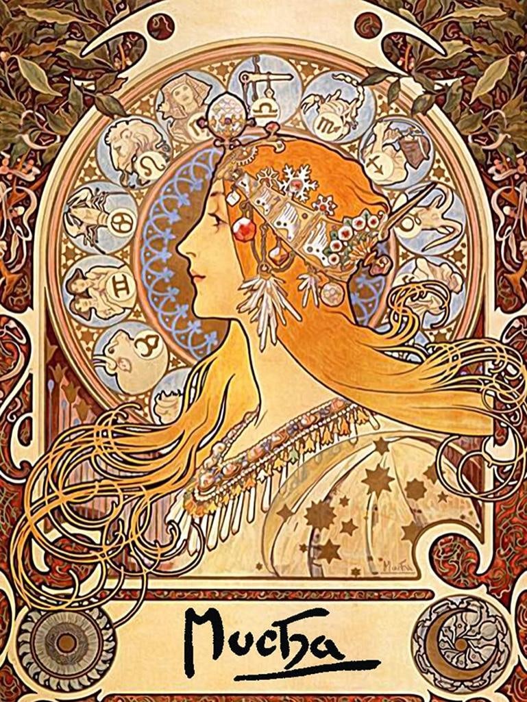 After Mucha, Zodiac Ceramic Art Tile: After Alphonse Mucha, Zodiac glossy ceramic art tile. 6" X 8". *** Art Tile Murals are custom made to order and usually arrive to us in about 2 weeks from time you pay invoice. They will be shipped se