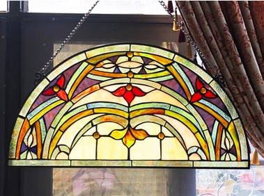 Edwardian Style Stained Art Glass Semi Circle Hanging Panel