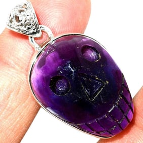 Rainbow Fluorite Carved Skull Sterling Pendant