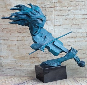 Signed Abstract Bronze Sculpture, Lady Playing Violin