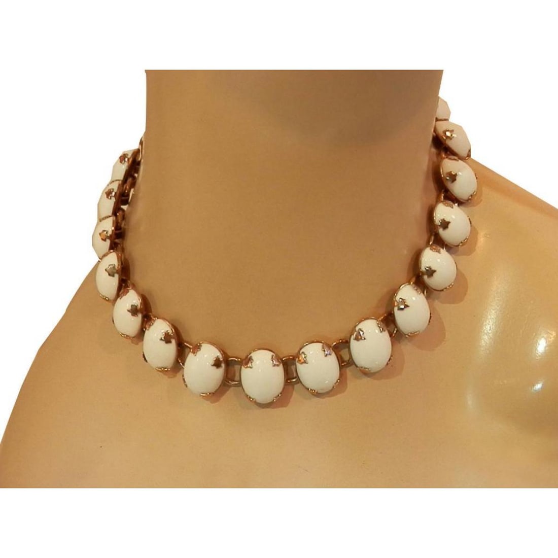 Mid-century White Thermoset Necklace: Mid-century 1950's - 1960's oval white bead thermoset necklace in gold-tone metal. 16" choker. - 10660-052918-EB-98103